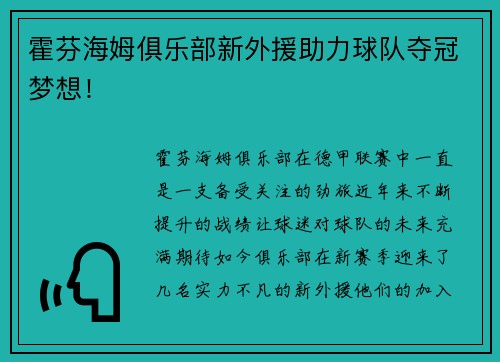 霍芬海姆俱乐部新外援助力球队夺冠梦想！