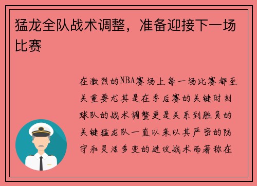 猛龙全队战术调整，准备迎接下一场比赛