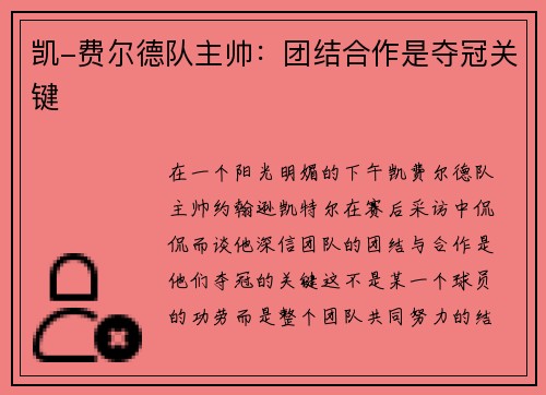 凯-费尔德队主帅：团结合作是夺冠关键