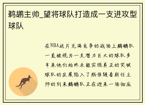 鹈鹕主帅_望将球队打造成一支进攻型球队